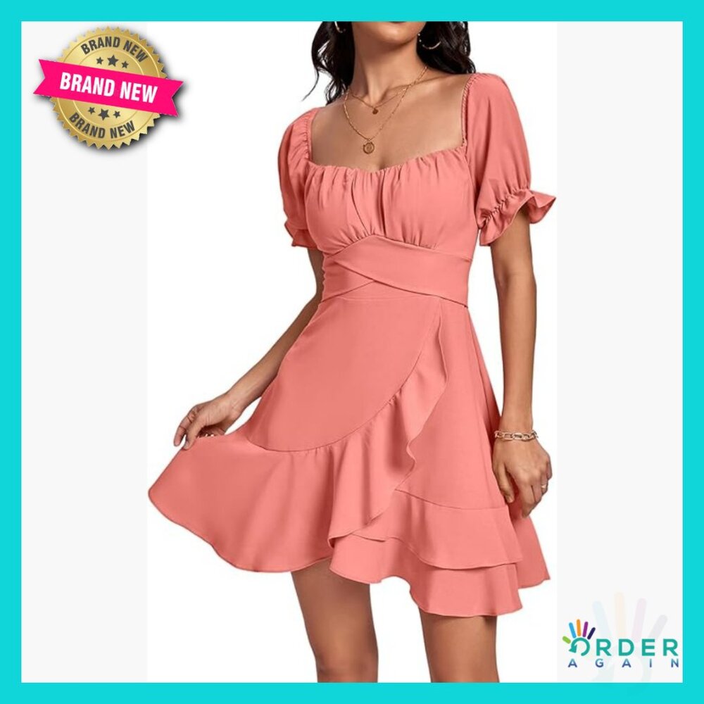 Square Neck Ruffle Wrap Mini Dress Off Shoulder Flowy A-Line Party